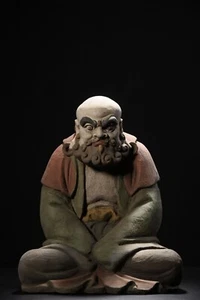 Statua cinese antica dinastia Tang in legno dipinto Da mo zu shi - Foto 1 di 9