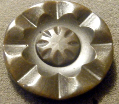 Vtg Bakelite coat button olive green carved floral design metal shank 1. 1/2" - Image 1 of 3