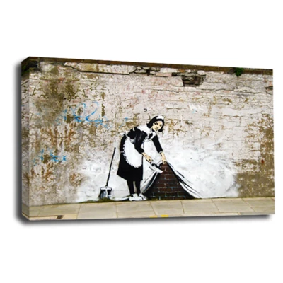 Framed Large Banksy Canvas Art Red Grey Maid Sweeping Print Wall Panel LR - Image 1 of 4