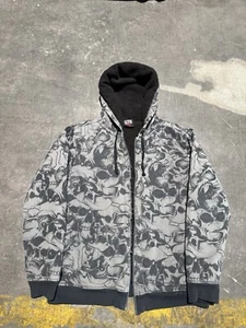 Vintage Y2K Mens MMA Elite Skull Tribal Gray Sherpa Lined Zip Up Hoodie Medium - Picture 1 of 19
