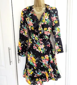 RIXO Gemma Floral Wrap Dress Size S Black Multi Ruffle Spotted - Picture 1 of 10
