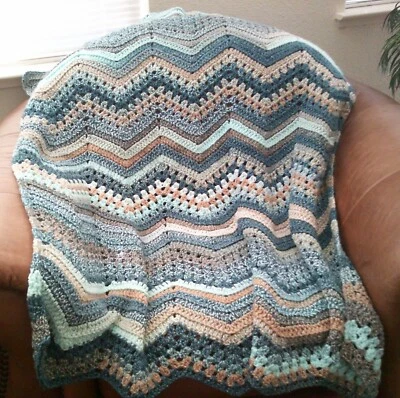 NEW HAND CROCHET BLUE TAN AQUA MULTI COLOR RIPPLE AFGHAN LAP BLANKET THROW - Image 1 of 4
