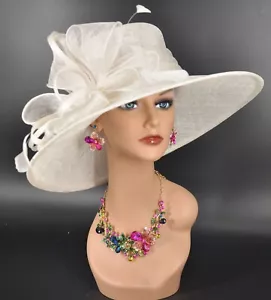 White Wide Brim Sinamay Hat, Kentucky Derby Hat, Church hat, Tea Party - Picture 1 of 4