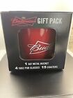 Bud bow tie Budweiser Beer 20 Piece Ice Bucket Gift Set Coasters 4 Glasses