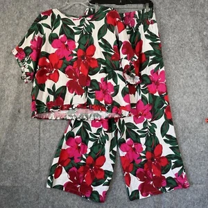 Tahari Tropical Linen Shirt Pants Set Size XL Wide Leg Smocked Boho Floral - Picture 1 of 14