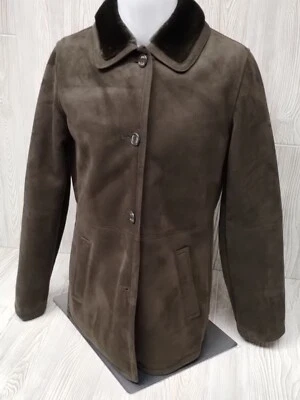 Abrigo mediano para mujer Chaps marrón manga larga bolsillos botones gamuza piel como cuello Foto 1 de 4