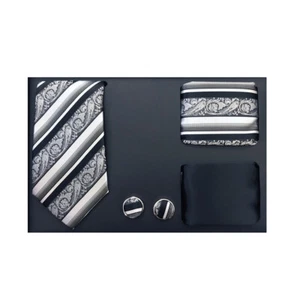 Nuevo Formal Hombre Corbata Delgada 2 Hankies Puño Eslabones Regalo Set Patrón Negro Gris - Imagen 1 de 3