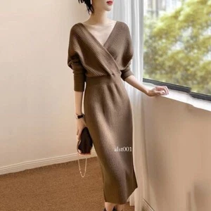 Elegant Knitted Midi Dress Women V Neck Fashion Sweater Dresses Winter Ladies - Picture 1 of 15