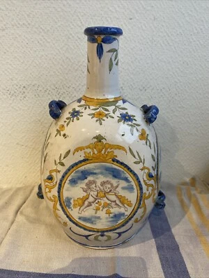 Ancien Vase Gourde Faïence De Nevers ? Décor Couleur Angelot Anges Deco Retro  - Photo 1/4