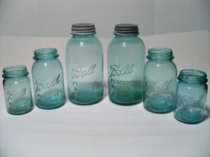 Ball Perfect Mason Set of 6 Jars, 3 Sizes, 1923-1933, Blue Aqua Canning - Picture 1 of 24