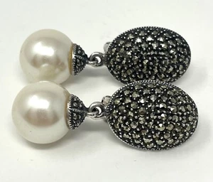 Judith Jack Sterling Silver Dome Marcasite Dangle Pearl Earrings Large - Picture 1 of 9