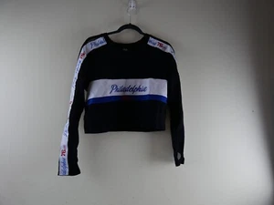 FISLL Women's XL Philadelphia 76ers Basketball Black Mesh Sleeve Midriff Shirt - Picture 1 of 7
