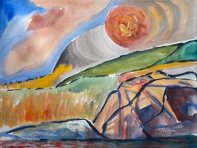 Vintage 1980s Landscape Watercolor Painting Modern Art Wall Hanging Signed - Image 1 of 4