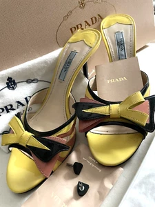 PRADA Patent Leather Yellow/Pink/Black Bow Sandals/Slides 85mm EU37.5_Excellent - Picture 1 of 12