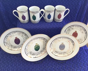 Formalities by Baum Imperial Egg Pine Cone Plate & Mug Sets. QTY: 4 PLATES/MUGS - Picture 1 of 11