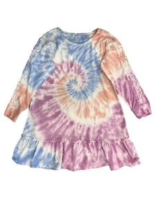 Justice Girls Blue Orange Purple Tie Dye Long Sleeve Lace Trim Dress - Picture 1 of 1