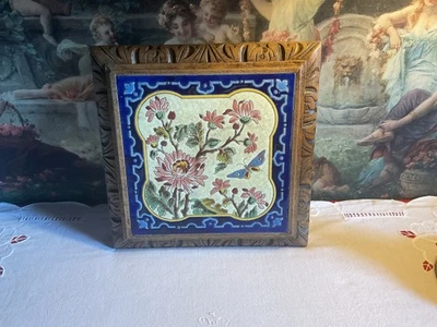 ANCIEN DESSOUS DE PLAT CENTRE TABLE ART NOUVEAU FAÏENCE ÉMAUX LONGWY GIEN ? BOIS - Photo 1/4