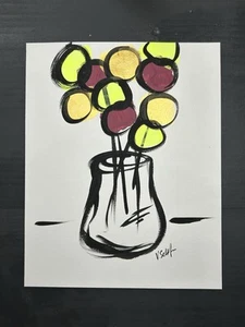 Blumenkunst Original Abstrakt Blume 8x10 Gemälde Modern Pop Art Minimalistisch - Bild 1 von 7