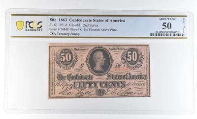 1863 50 Cents Confederate States T-63 PF-6 CR-499 Treasury Stamp AU50 PCGS *8114 - Image 1 of 3