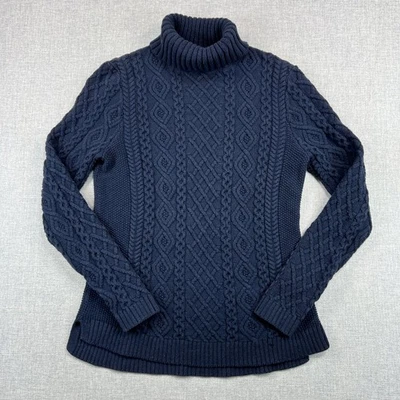 Suéter de pescador tejido con cable Lands' End Aran para mujer M azul marino cuello alto algodón Foto 1 de 4