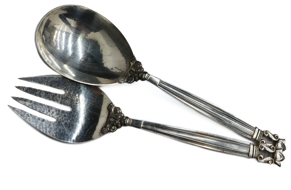 Par de salada Georg Jensen prata esterlina conjunto em bolota meados do século - Imagem 1 de 4