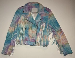 Blank NYC Loco Moto Vegan Kunstleder Jacke Damen S Fransen Aquarell Multi - Bild 1 von 13
