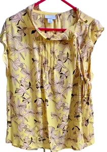 Liz Claiborne Floral Blouse Sz XL Yellow Flutter Sleeve Semi Sheer Tie Collar - Picture 1 of 5