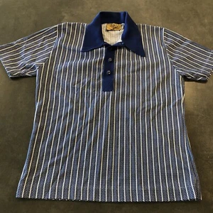 Vintage Van Heusen Double Knit Polo Shirt Mens Large Blue 1970s Medium - Picture 1 of 10