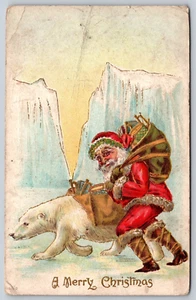 Cartolina Buon Natale Babbo Natale Orso Polare Ghiaccio Goffrato Dorato - Foto 1 di 3