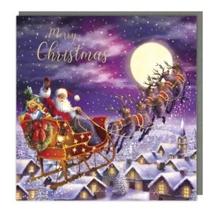 Tarjeta de Navidad tradicional trineo de Santa - Elegante tarjeta de Navidad festiva laminada en oro - Imagen 1 de 2