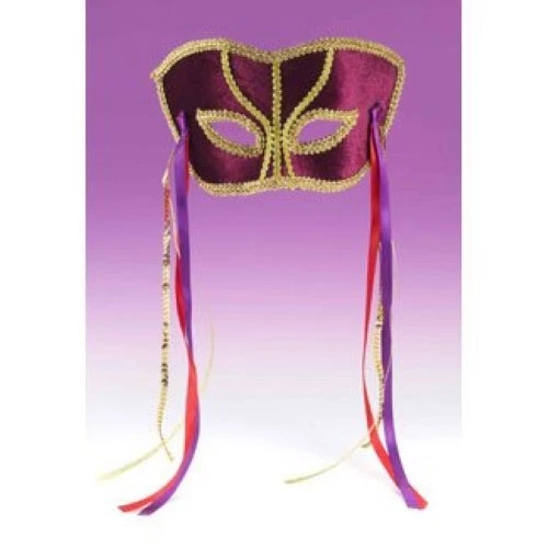 Mardi Gras Mask Burg Velvet Eye Mask W/ Gold Braid Trim & Ribbons On A Headband - Image 1 of 1