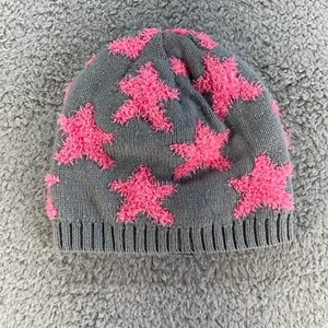 SO Pink Stars Beanie Knit Gray Cozy Winter Hat Girls One Size Pattern Soft EUC - Picture 1 of 3