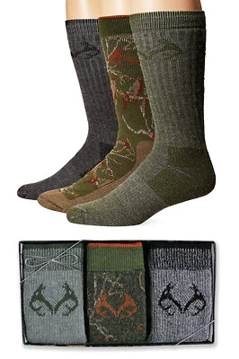Realtree Mens Camo Merino Wool Warm Boot Crew Socks Gift Box Cushion 3 Pair - Image 1 of 4