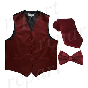 New Men's Solid Tuxedo Vest Waistcoat Necktie & Bowtie Set Party Prom Burgundy - Picture 1 of 4