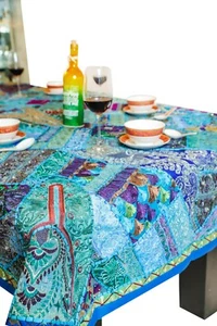 TABLECLOTH BLUE PATCH WORK EMBROIDERED SIZE 55" X 55" USA SELLER FREESHIP - Picture 1 of 6