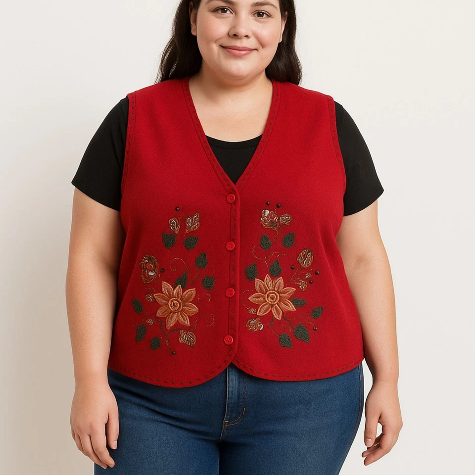 Carolyn Taylor Vintage Christmas Vest Fleece Red XL Holiday Ugly Sweater Button - Image 1 of 4