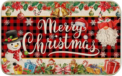 Christmas Snowman Doormat 17"x29" Buffalo Plaid Non-Slip Indoor Outdoor Rug - Image 1 of 4