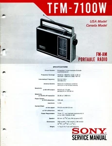 Sony TFM-7100W FM/AM Estado Sólido Radio Portátil Manual de Servicio EE. UU./CAN - Imagen 1 de 3