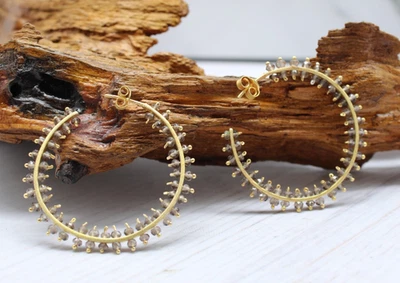 Artisan 14K Gold & Sterling Silver Vermeil Smoky Topaz Bead Hoop Earrings 1¾" - Image 1 of 4