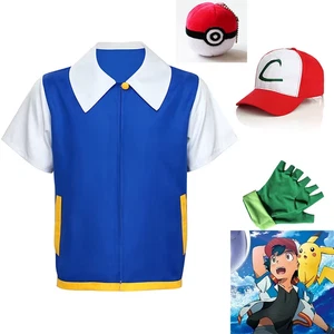 Ash Ketchum Cosplay Costume Blue Jacket Pokemon Trainer Outfit Cap Gloves Set - Picture 1 of 17