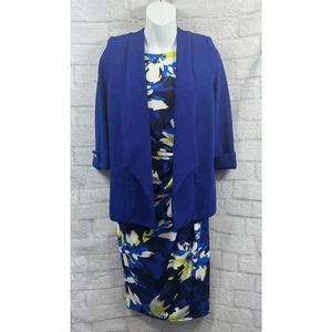 ROMANO Azul Blanco Floral Vaina Vestido y Chaqueta Talla 10 Traje Boda Elástico - Imagen 1 de 12