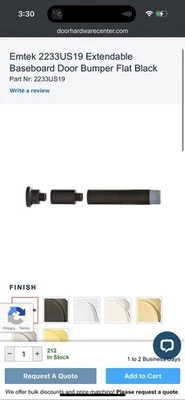 Emtek 2233US19 3 Piece Extendable Door Stop - Flat Black. White or black bumper