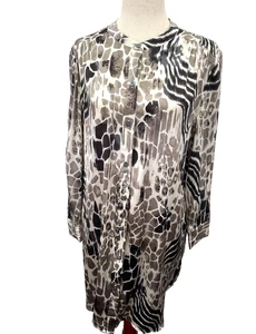 Adrienne Vittadini Shirt Women Medium Animal Print Silk Button Up Top Long Tunic - Picture 1 of 16