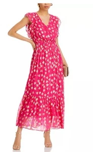 AQUA Bloomingdale’s Womens Flutter Sleeve Star Pink Maxi Dress Nwt $118 Sz Xs - Picture 1 of 10