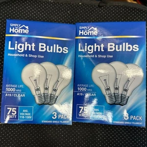 2 Boxes (6 Bulb) Simply Home 75 Watt Light Bulbs Clear A19 120V 1000 Hrs - Picture 1 of 3