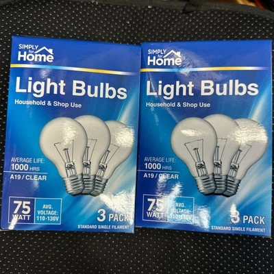 2 Boxes (6 Bulb) Simply Home 75 Watt Light Bulbs Clear A19 120V 1000 Hrs