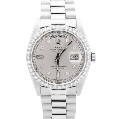 Rolex Day-Date President Silver FACTORY DIAMOND BEZEL 36mm 950 Platinum 18046 - Image 1 of 4