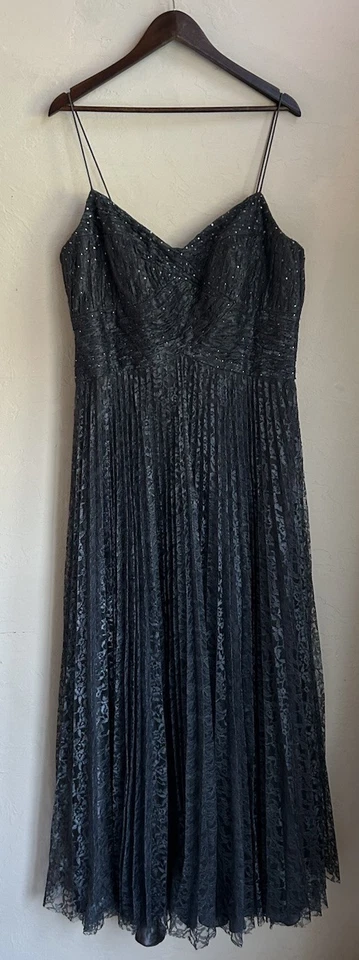 Badgley Mischka Pleated Lace Gown 16 Plus Gray Fairy Formal Designer Witchy Goth - Image 1 of 4