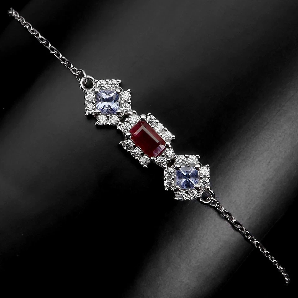 Black Friday 925 Silver Bracelet Octagon Ruby Tanzanite Gemstone Jewelry 8in - Image 1 of 4