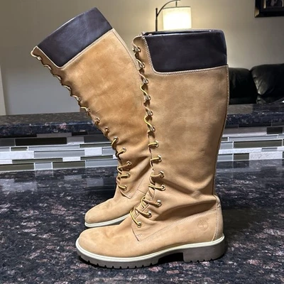 Timberland 16” Lace-Up Tall Boots Wheat Brown Leather Women’s 9M Style 23345 - Image 1 of 4